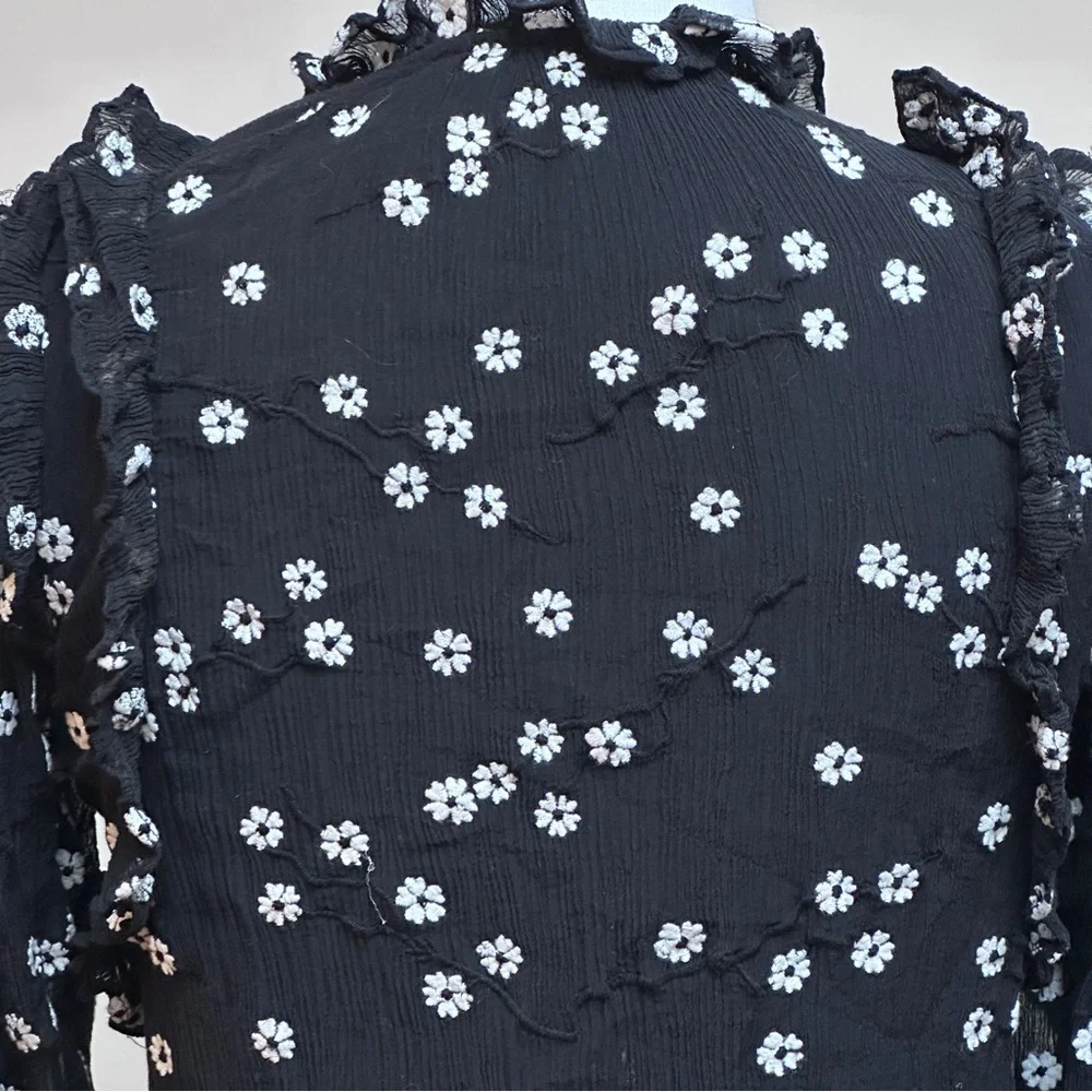 Rebecca Taylor Black & White Alessandra Ruffle Top Size 0 - Picture 7 of 15